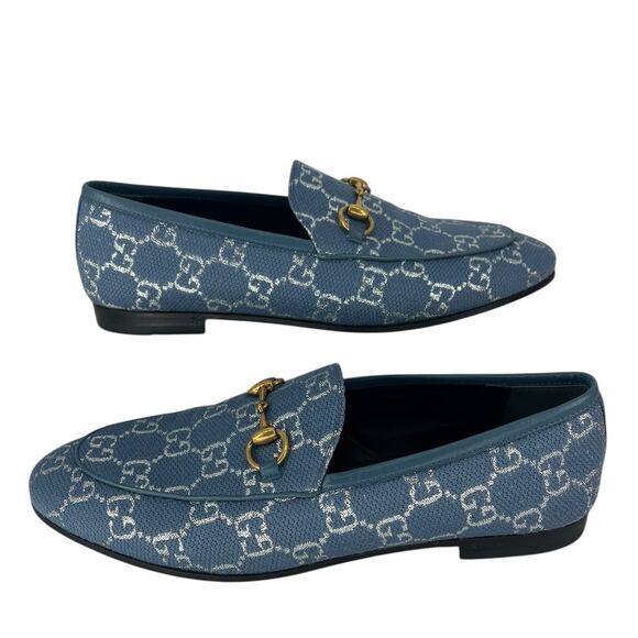 Gucci Horsebit Jordaan Lame Fabric Loafers Blue Silver Size 37.5 - Picture 4 of 13